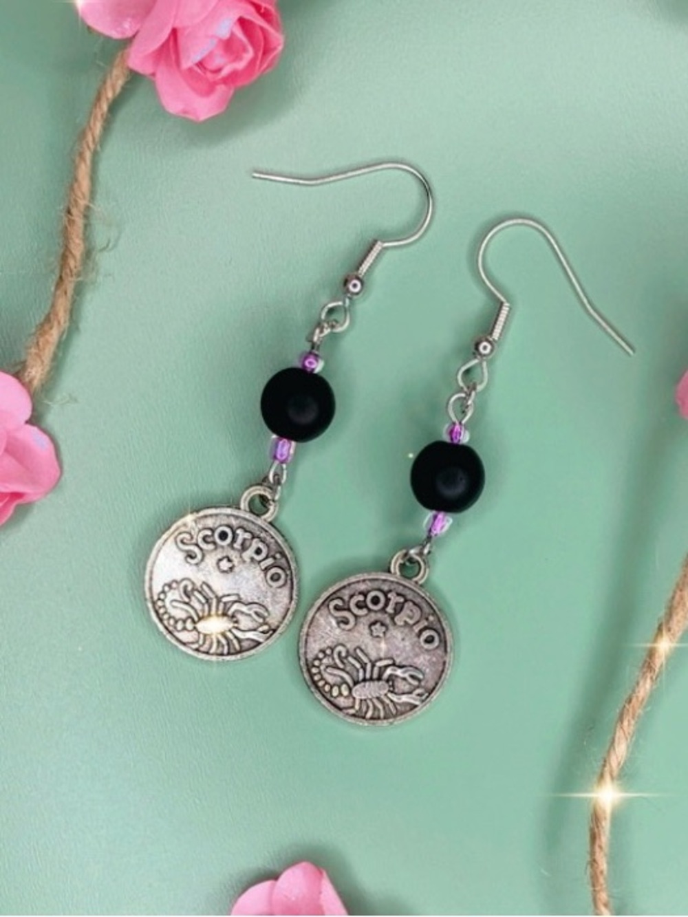 Scorpio Zodiac Dangle Earrings Black and Purple Beads with Silver Tone Charms